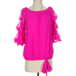 CeCe Fuchsia Pink 3/4 Sleeve Ruffle Blouse Sheer Elastic Waist Faux Tie LARGE